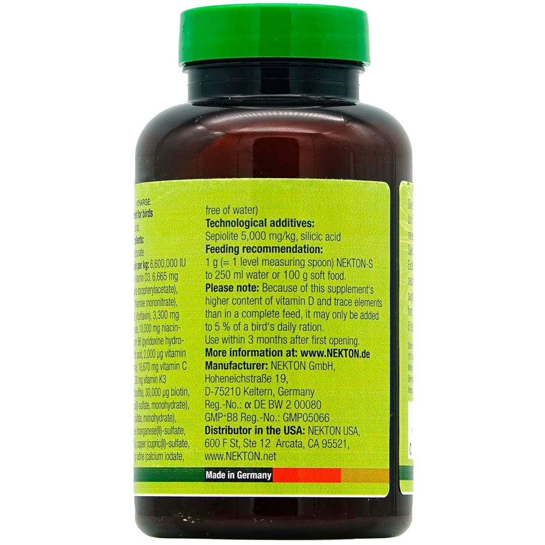 An amber brown plastic bottle of NEXKTON supplement with a bright green cap and a yellow label, showing the back side of the packaging with text details on a white background.