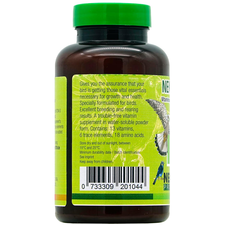 A dark brown plastic bottle of Neptunian Bird Vitamin Powder with a bright green cap and a lime green label, showing the back side of the packaging with text and a barcode.