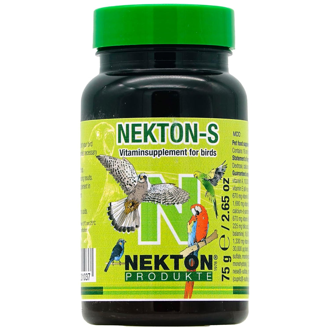 A bottle of Nekton-S vitaminsupplement for birds, featuring a bright green cap and a lime green label with illustrations of various birds, set against a plain white background.