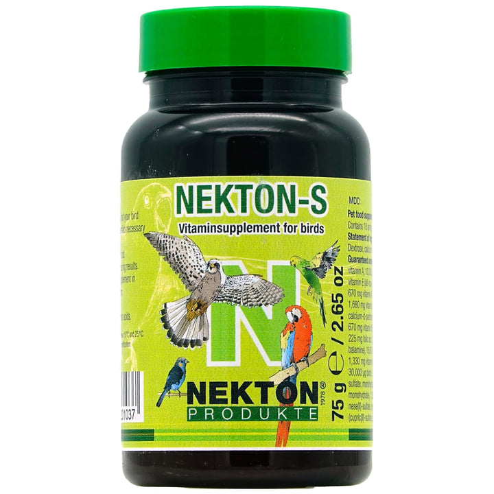 A bottle of Nekton-S vitaminsupplement for birds, featuring a bright green cap and a lime green label with illustrations of various birds, set against a plain white background.