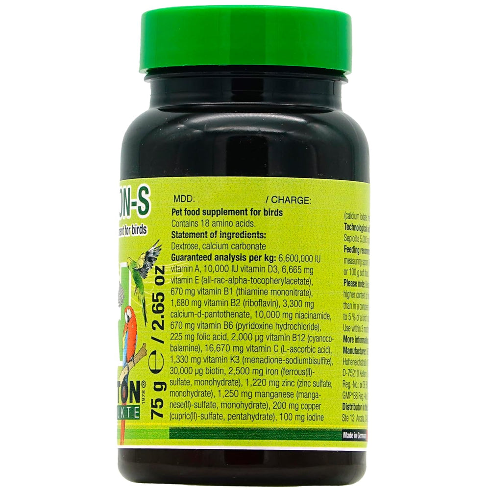 A black plastic bottle of pet supplement for birds with a bright green cap and a yellow-green label. The label features a colorful illustration of a bird and text detailing ingredients and dosage.