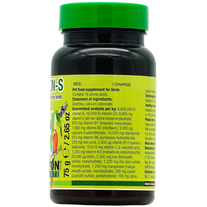 A black plastic bottle of pet supplement for birds with a bright green cap and a yellow-green label. The label features a colorful illustration of a bird and text detailing ingredients and dosage.
