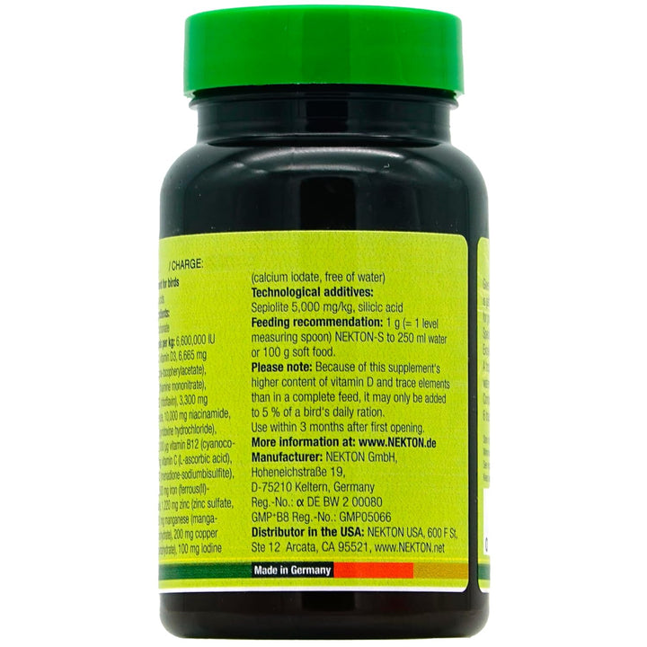 A black plastic bottle of NEXTON S supplement with a bright green cap, showing the back label with text details on a white background.