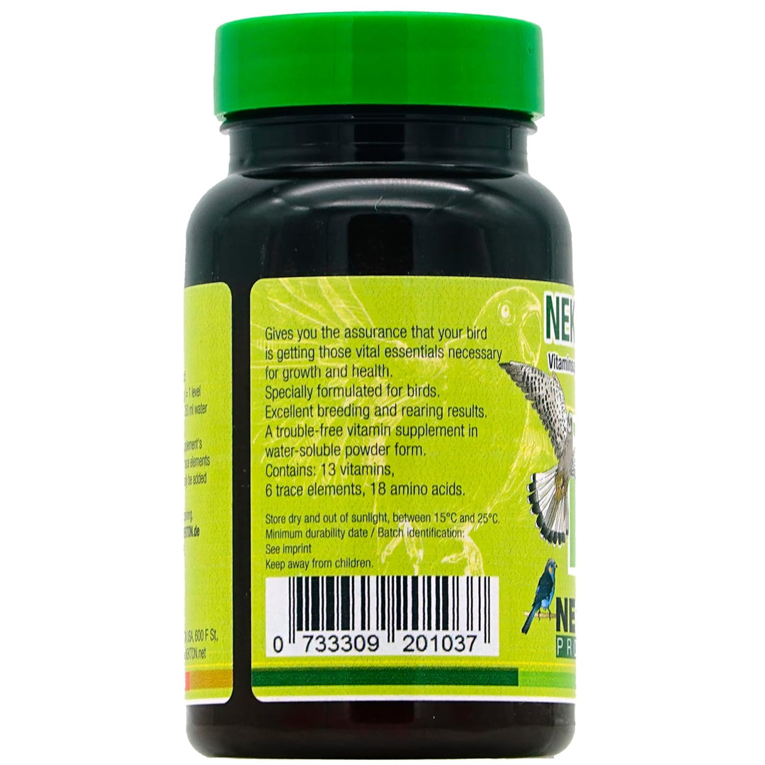 A bottle of NEPVA Bird Vitamin supplement, showing the back of the black plastic bottle with a bright green cap and a lime-green label containing product details, a barcode, and a bird illustration.