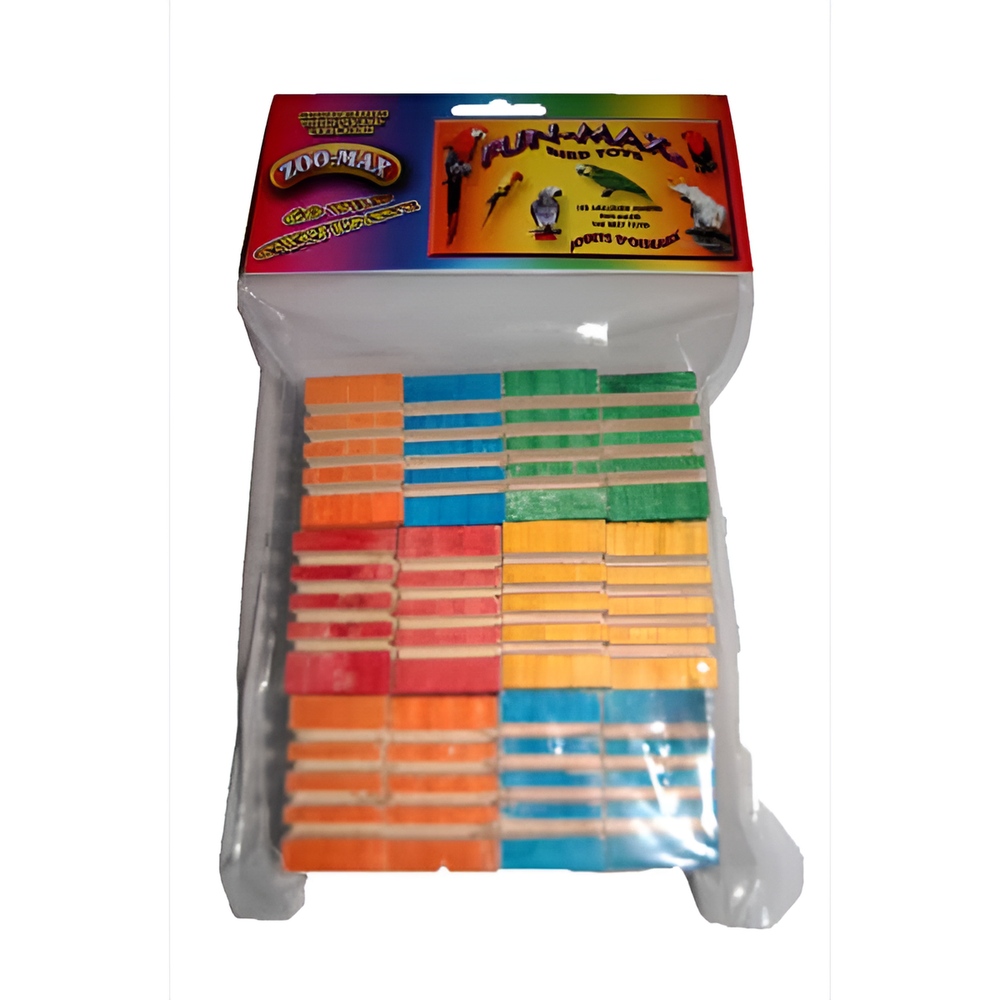 A package of Zoo-Max bird toys, featuring multiple colorful plastic perches and bars inside a clear plastic bag with a printed header card - Zoo-Max Groovy Blocks for Birds