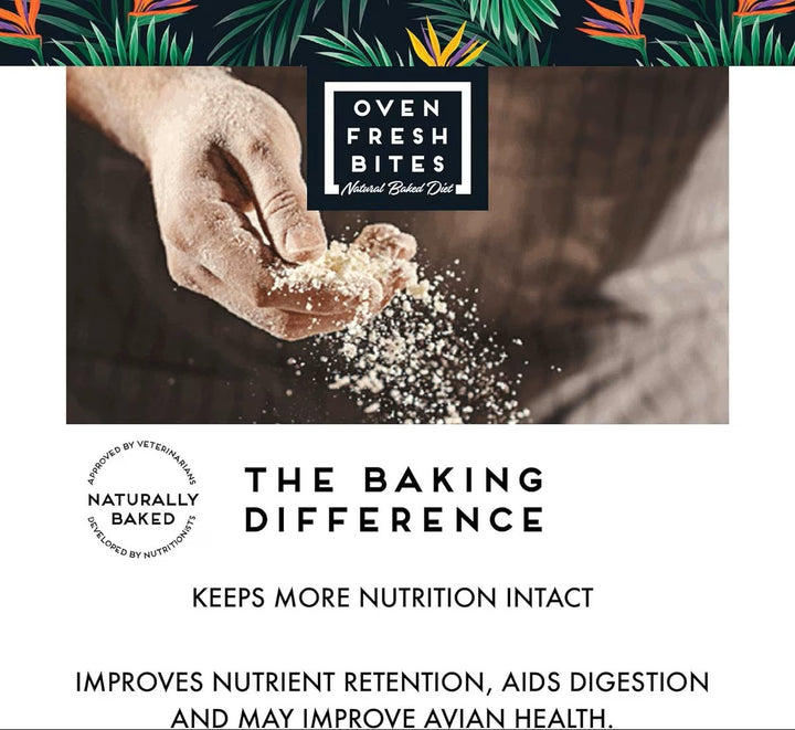 Hand holding flour with 'Oven Fresh Bites' logo and text about baking differences and nutrition.