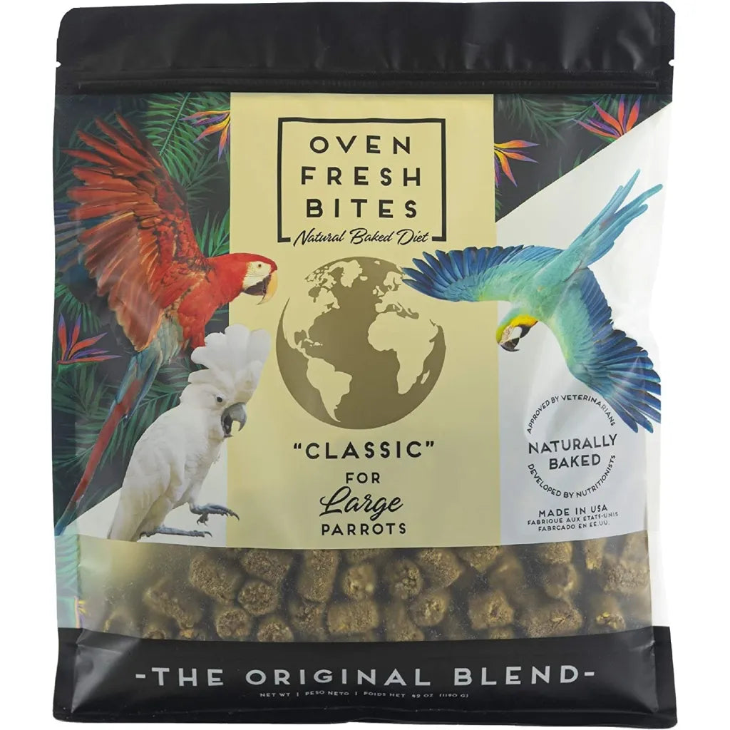 Bag of Oven Fresh Bites bird food for large parrots with parrot illustrations on a white background.
