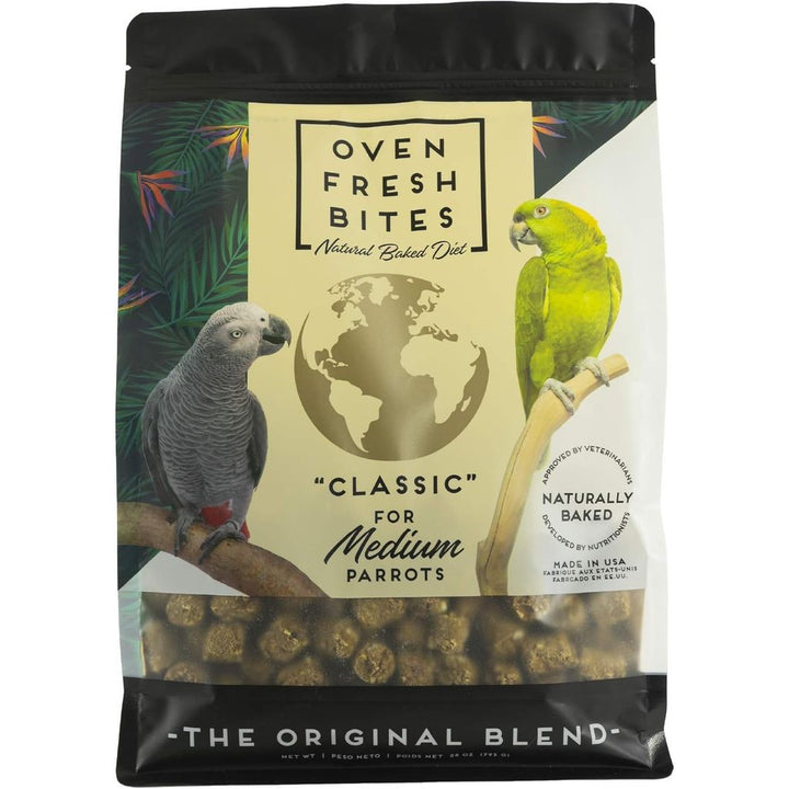 Bag of Oven Fresh Bites for medium parrots with parrot illustrations on a white background
