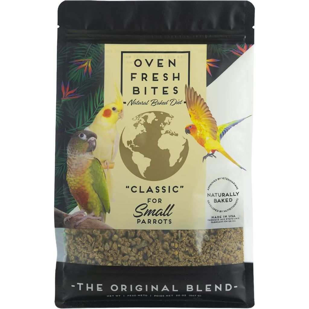 Oven Fresh Bites package for small parrots with bird illustrations on a white background