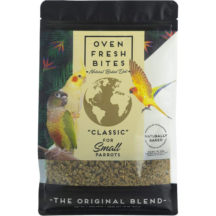 Oven Fresh Bites package for small parrots with bird illustrations on a white background