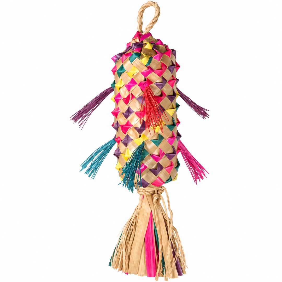 A colorful woven dog toy shaped like a wrapped candy, featuring a natural tan base woven with bright pink, yellow, teal, and purple accents, complete with a hanging loop at the top and tassels at the bottom - Planet Pleasures Spiked Pinata Bird Toy - Medium
