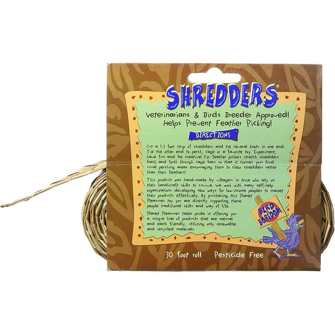Shredders Veterinary and Bird Breeder Approved feather picking deterrent kit, featuring a brown cardboard backing with a large yellow label and a rolled tan rope wrapped in black tape - Planet Pleasures Straight Natural Shredders - Small