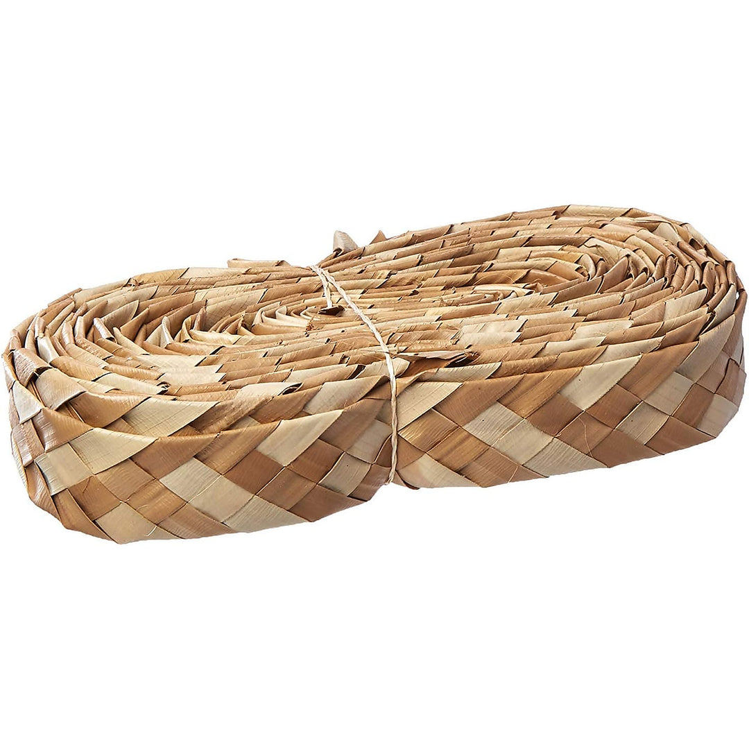 A rolled bundle of woven natural fiber matting or placemat material, bound with a thin string, shown on a plain white background - Planet Pleasures Straight Natural Shredders - Small