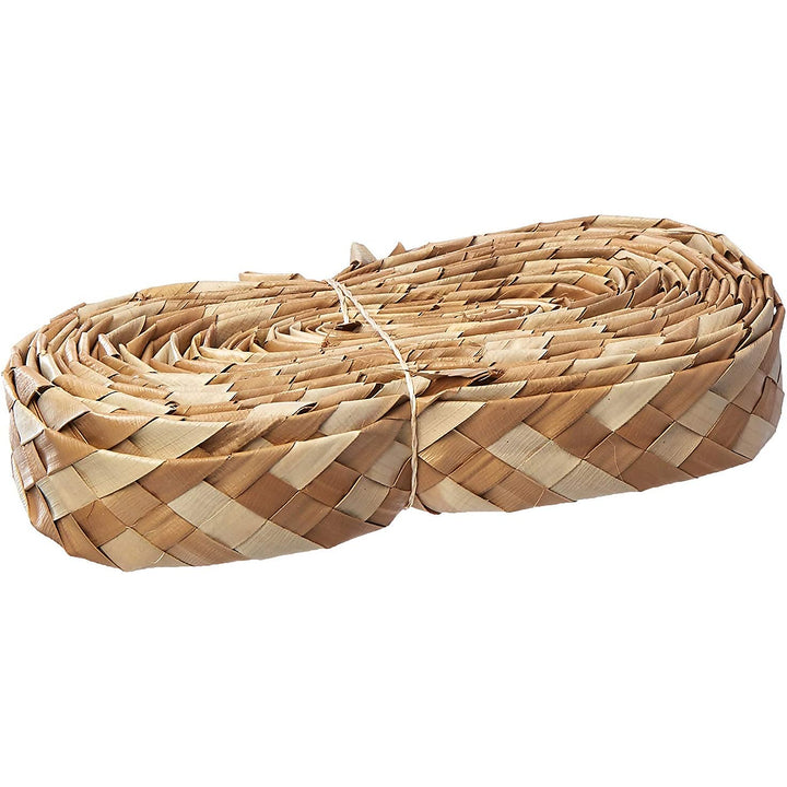A rolled bundle of woven natural fiber matting or placemat material, bound with a thin string, shown on a plain white background - Planet Pleasures Straight Natural Shredders - Small