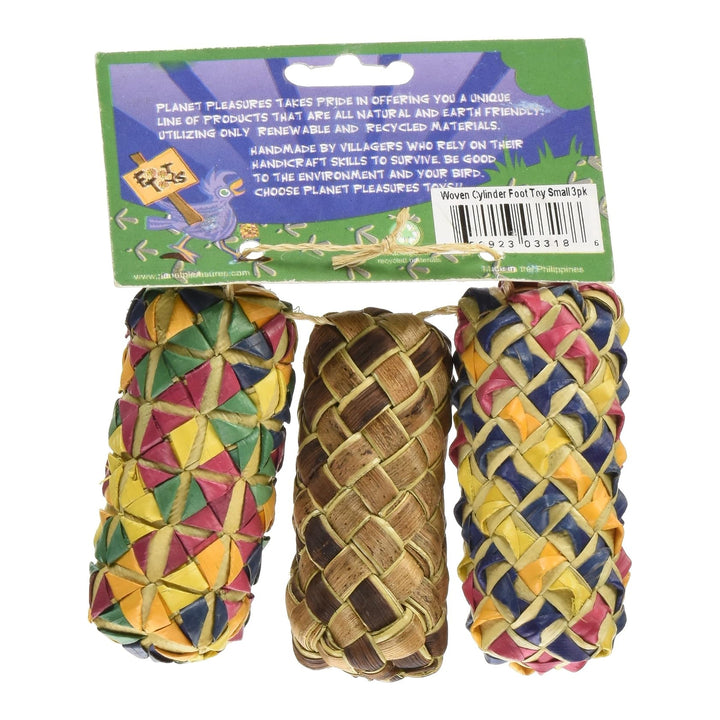 Three bird toy rope toys in different woven and patterned designs, attached to a green and purple cardboard backing with a barcode, on a white background-Planet Pleasures Woven Cylinder Foot Toys – Small (3 Pack)
