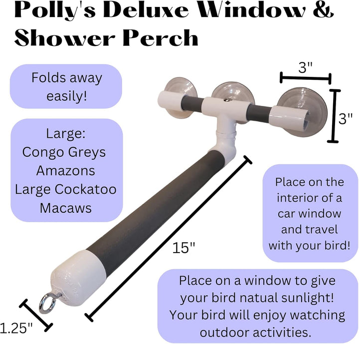 Polly's Deluxe Window & Shower Perch with features and measurements on a white background