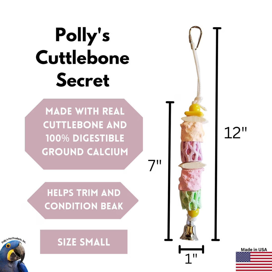 Bird toy with cuttlebone and calcium for birds, featuring dimensions and product details.