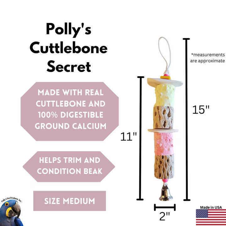 Polly's Pet Medium Cuttlebone Secrets Bird Toy with cuttlebone and calcium for birds, featuring measurements and product details.