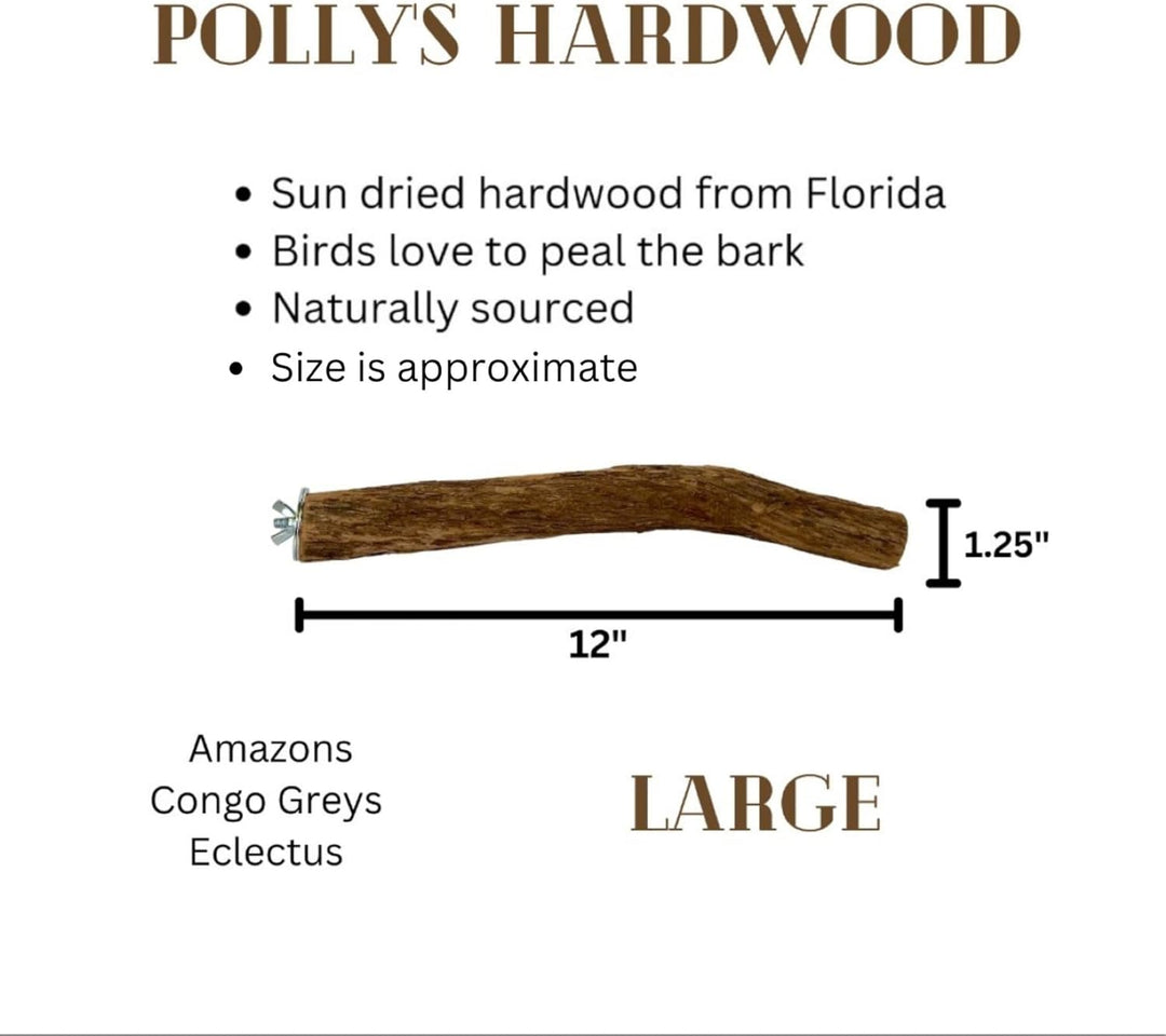 Polly's Hardwood Large product description with a stick and measurements on a white background