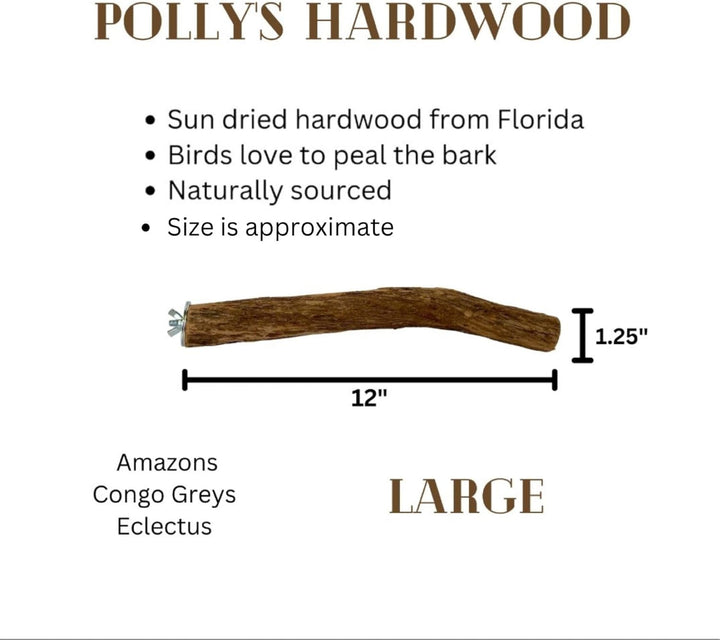 Polly's Hardwood Large product description with a stick and measurements on a white background