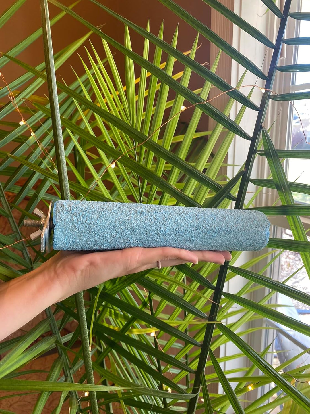 Hand holding a blue Polly's Pet Products Pastel Bird Perch against a green plant background