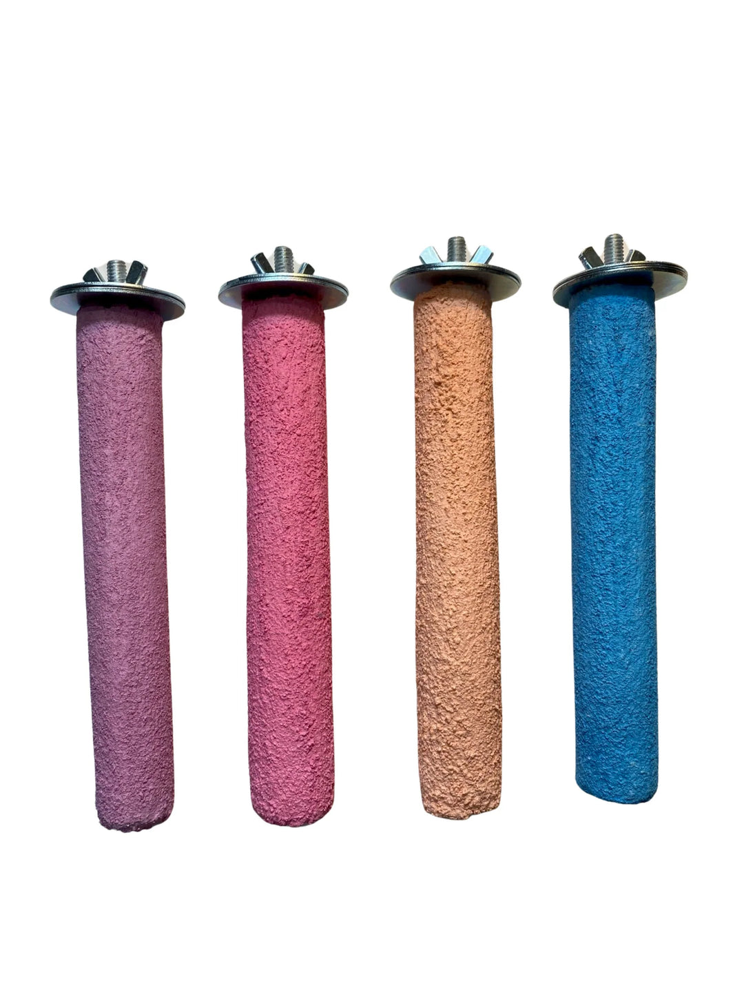 Four Polly's Pet Products Pastel Bird Perch (Medium) with textured surfaces and metal ends on a white background