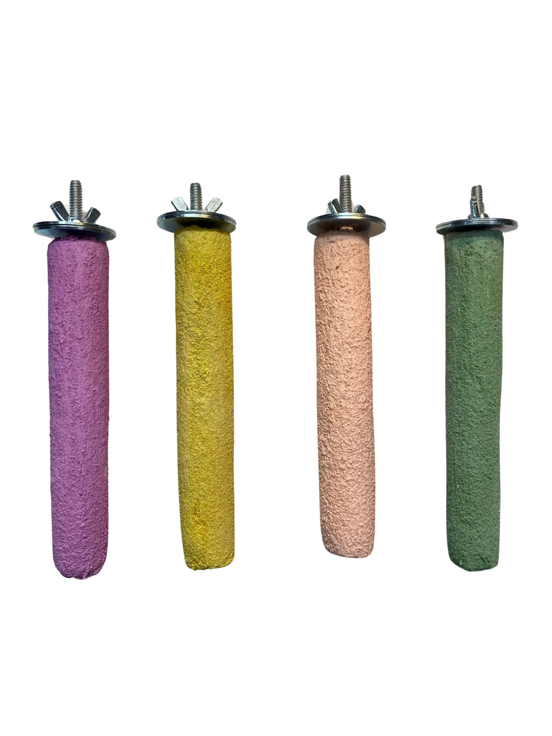 Four Polly's Pet Products Pastel Bird Perches - Small in different colors on a white background