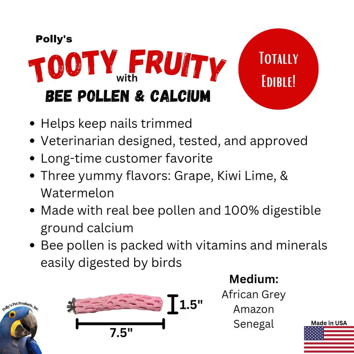 Product description of Polly's Tooty Fruity with bee pollen and calcium for birds, featuring a parrot illustration and text details.