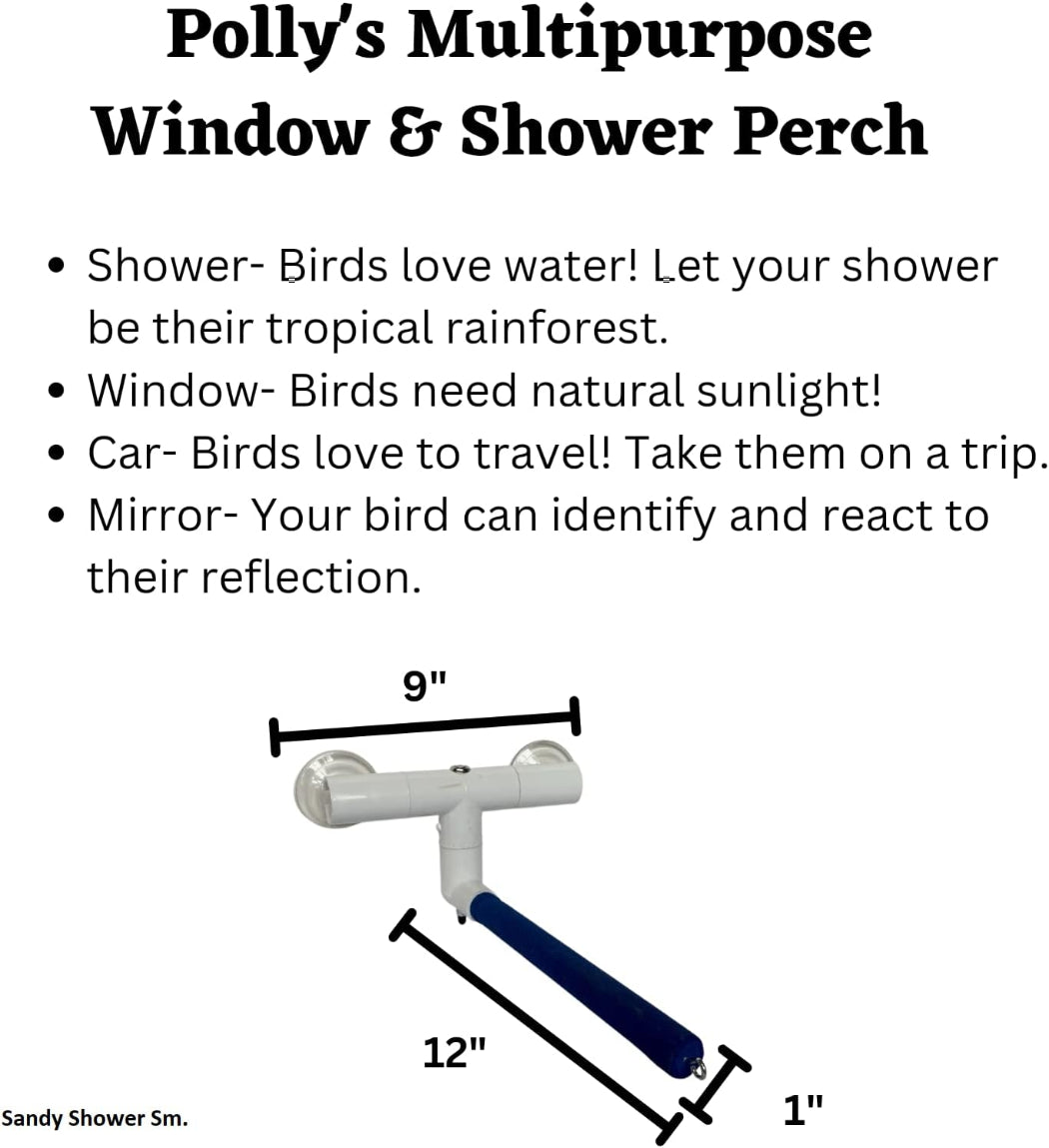 Polly's Multipurpose Window & Shower Perch with features and measurements on a white background