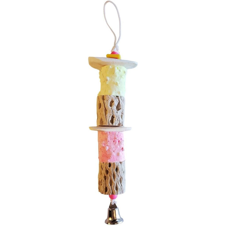 Polly's Pet Medium Cuttlebone Secrets Bird Toy with wooden and ceramic elements on a white background