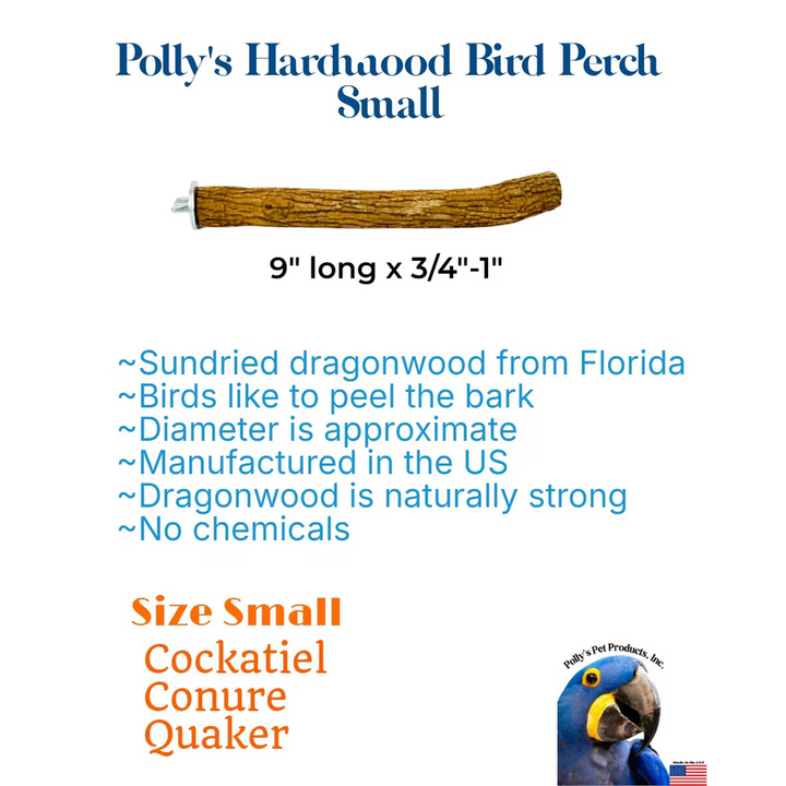 Polly's Hardwood Bird Perch Small with product details on a white background