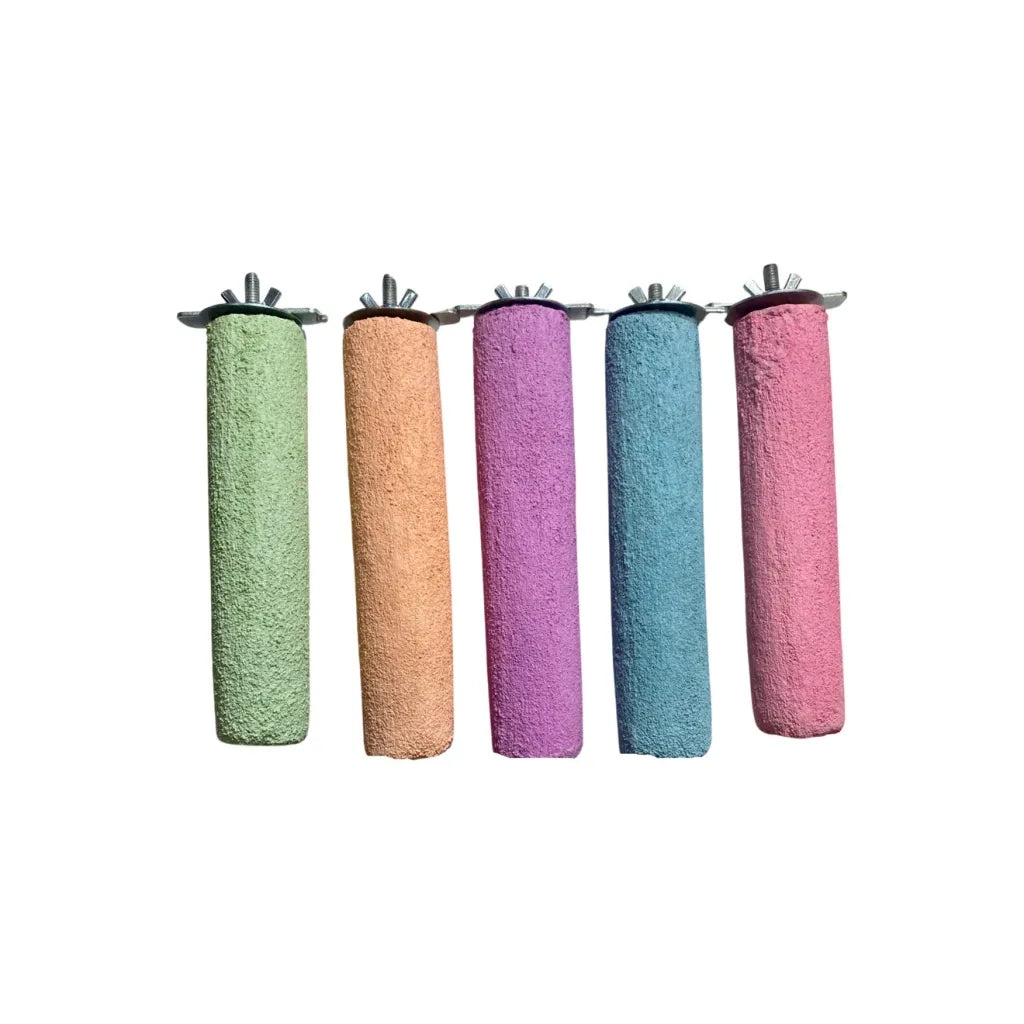 Five Polly's Pet Products Pastel Bird Perches in green, brown, purple, blue, and pink on a white background.