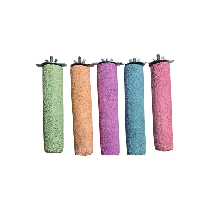 Five Polly's Pet Products Pastel Bird Perches in green, brown, purple, blue, and pink on a white background.