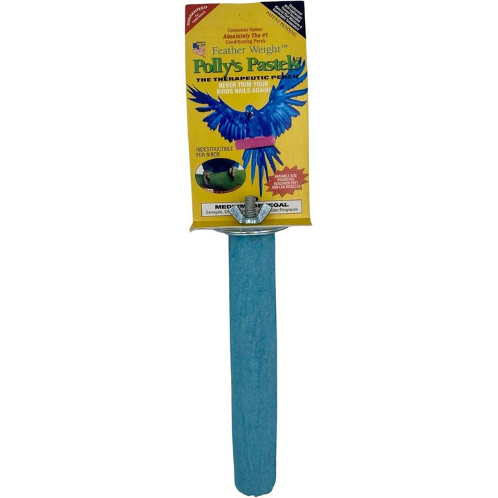 Blue Polly's Pet Products Pastel Bird Perch - Medium with packaging featuring a parrot on a white background