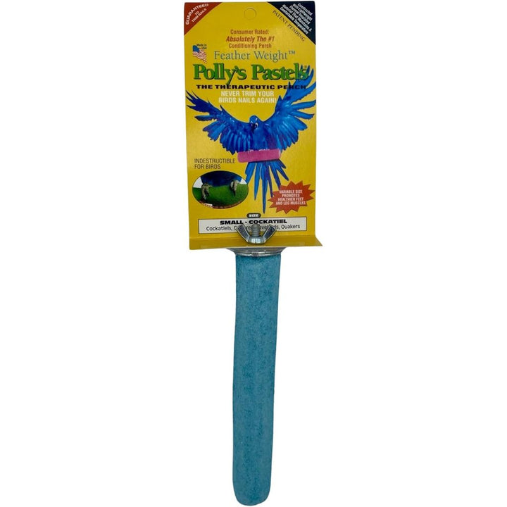 Blue Polly's Pet Products Pastel Bird Perch - Small with packaging labeled 'Polly's Pastel' on a white background