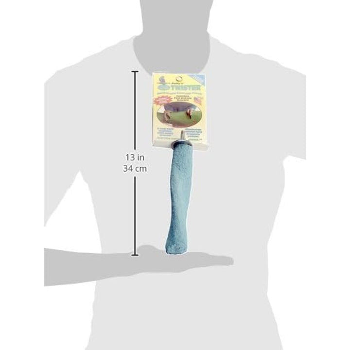 Blue Polly's Pet Products Twister Bird Perch - Small held by a mannequin with measurement label on a white background