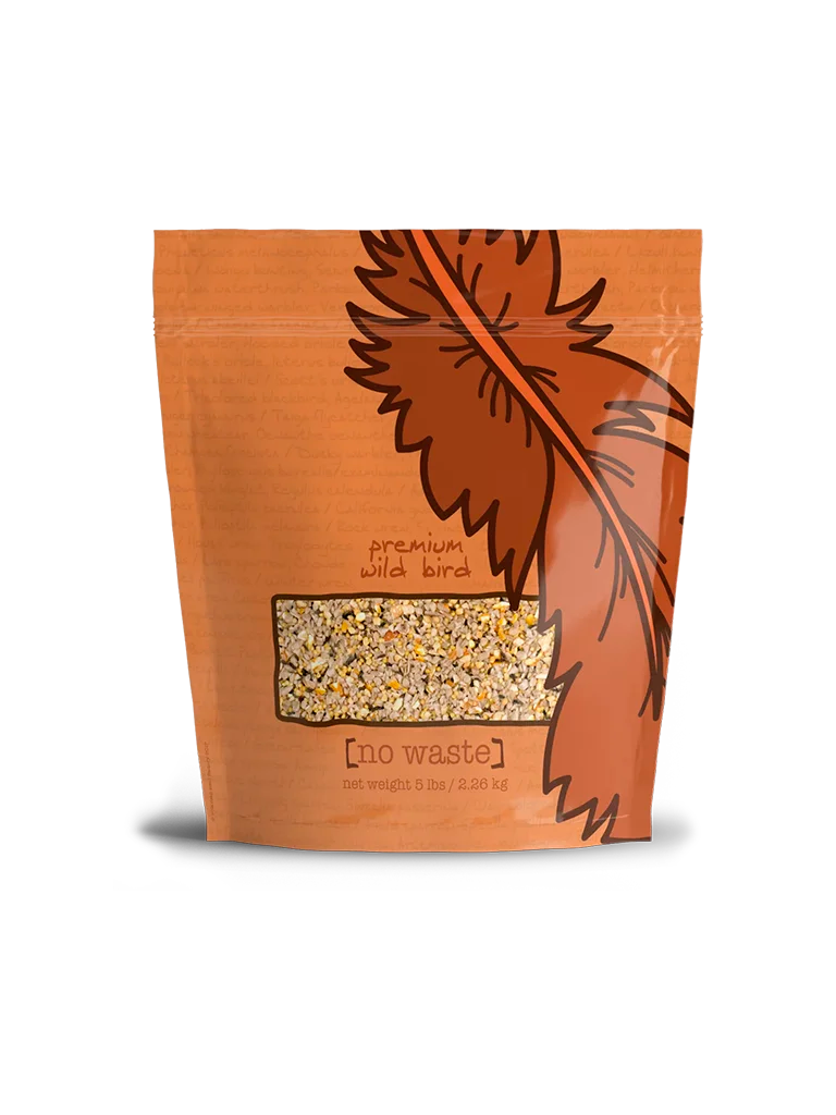 Bag of premium wild bird No-Waste Blend with a feather design