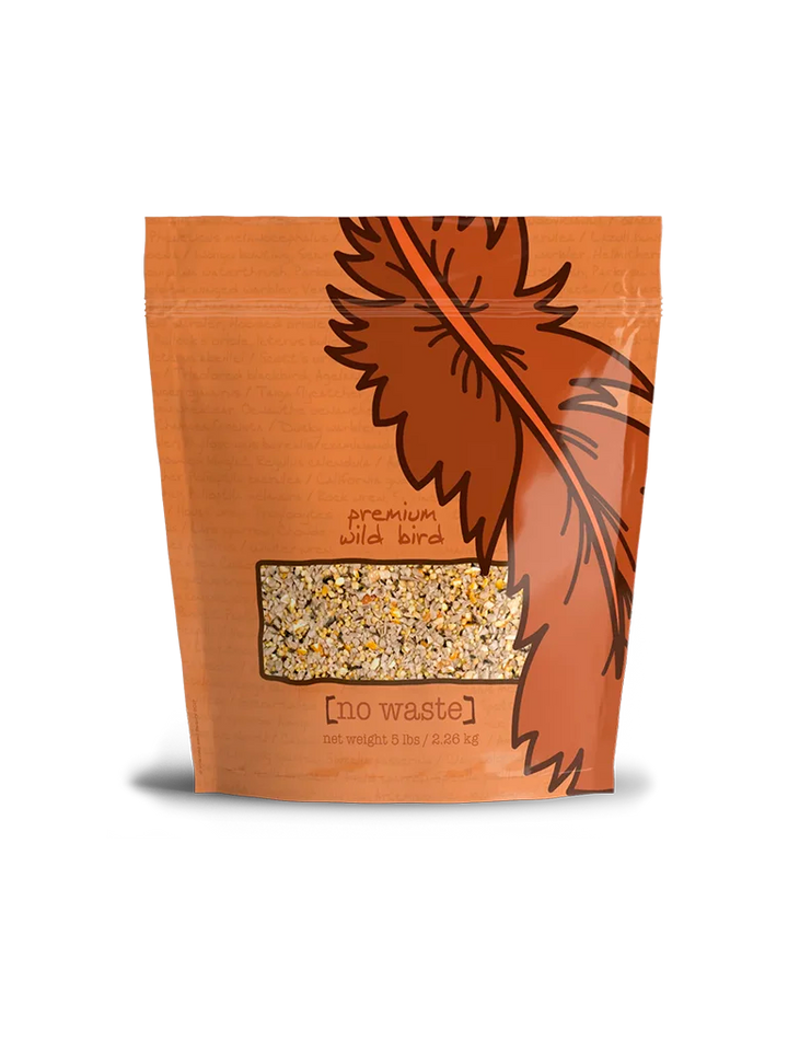 Bag of premium wild bird No-Waste Blend with a feather design