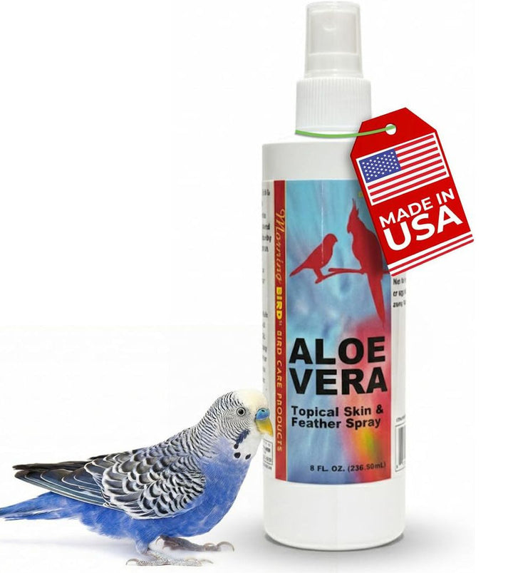 Morning Bird Aloe Vera topical skin and feather spray bottle with a bird on a white background