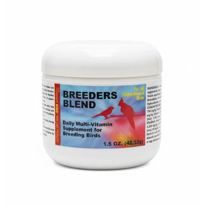 Jar of 'Breeders Blend' daily multi-vitamin supplement for breeding birds on a white background
