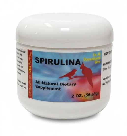 A white plastic jar of Spirulina dietary supplement with a colorful label, shown next to a green and yellow budgerigar on a white background with a red 'Made in USA' tag.