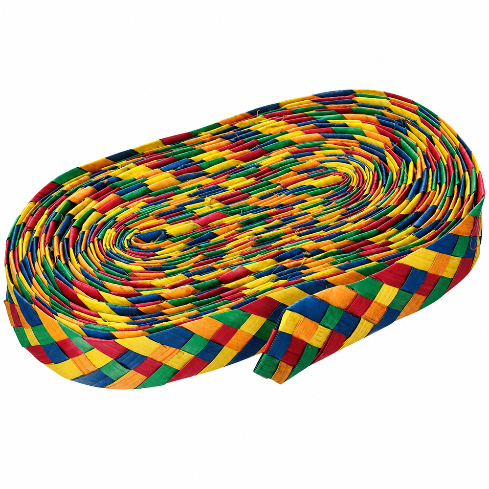 A coiled roll of woven ribbon or tape in a multicolor pattern of yellow, green, blue, and red, isolated on a white background - Planet Pleasures Straight Rainbow Shredders - Small