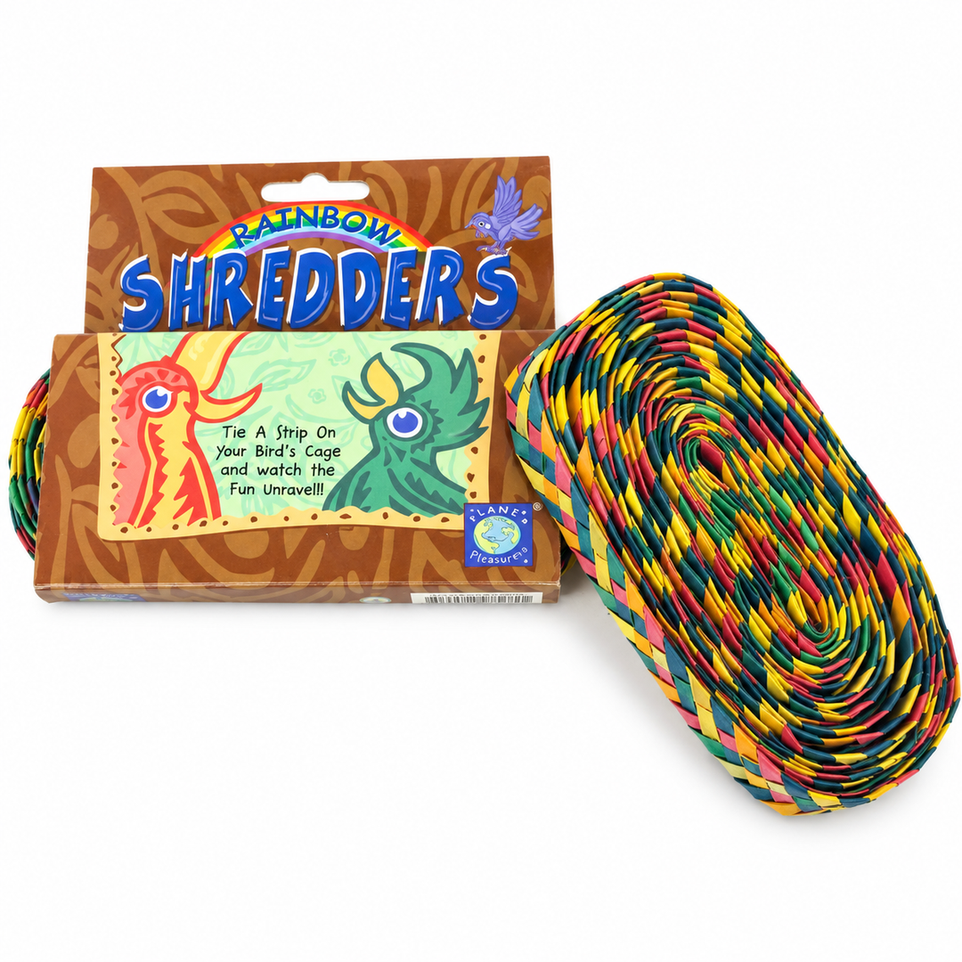 Rainbow Shredders bird toy, showing the colorful braided rope and its retail packaging on a white background.