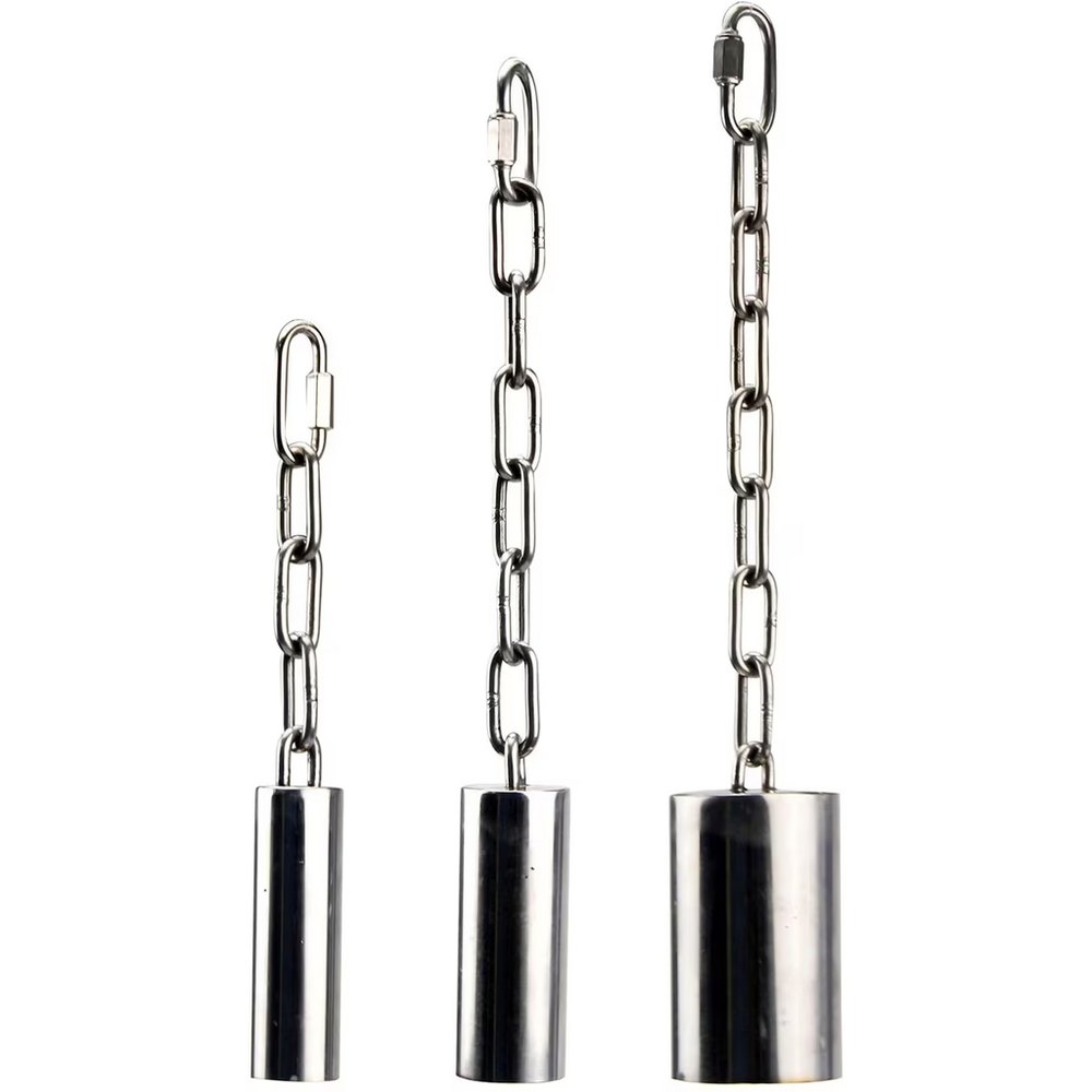 Three metallic chain hooks (SS Tube Bell) with cylindrical ends on a white background