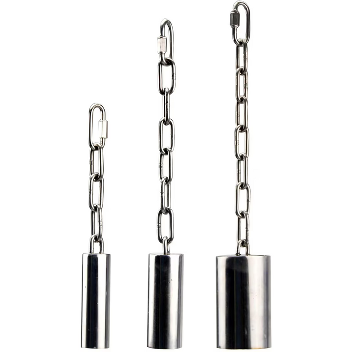 Three metallic chain hooks (SS Tube Bell) with cylindrical ends on a white background