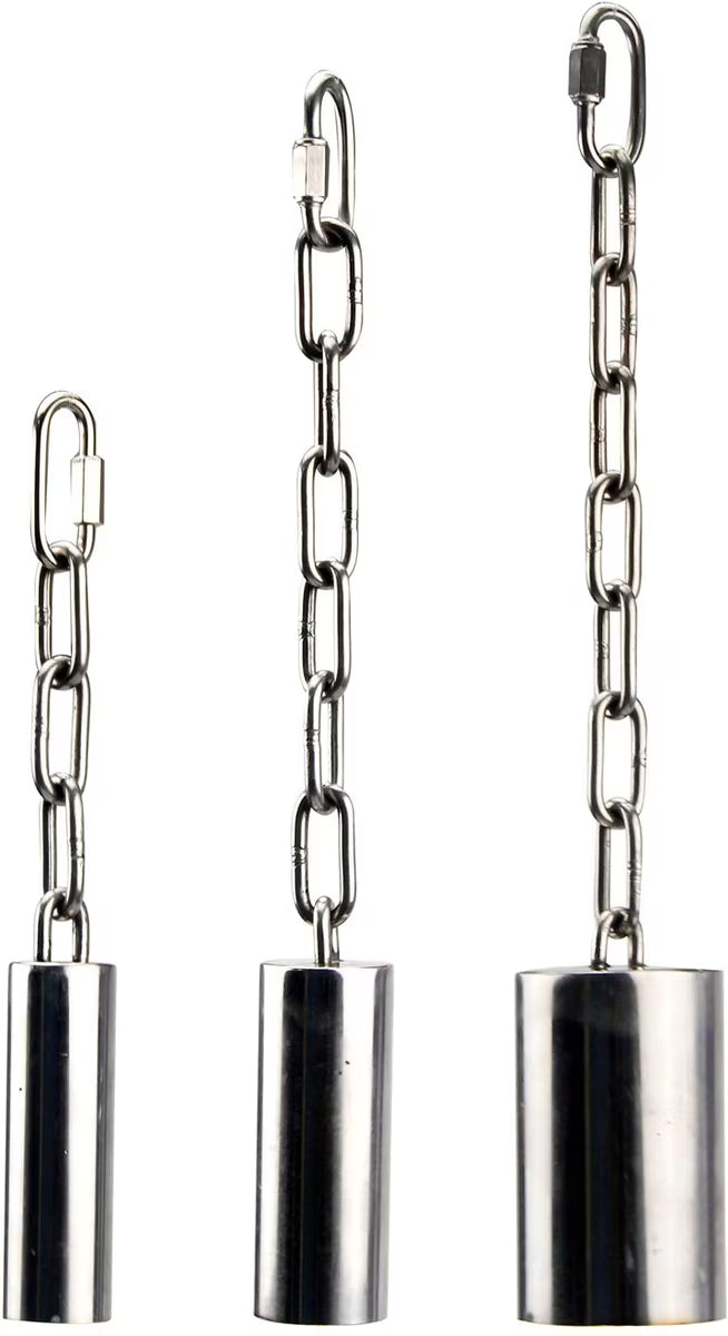 Three metallic chain hooks (SS Tube Bell) with cylindrical ends on a white background