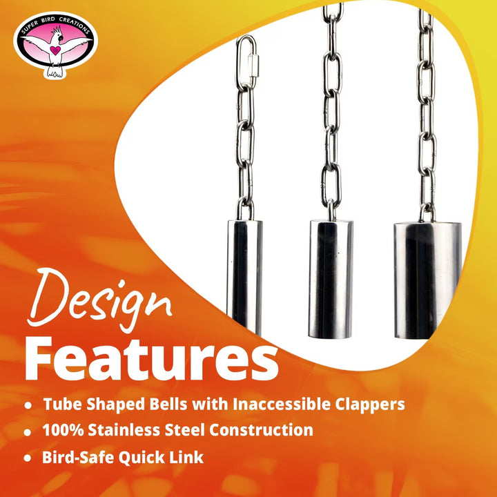SS Tube Bell on an orange and white background, featuring product features text.