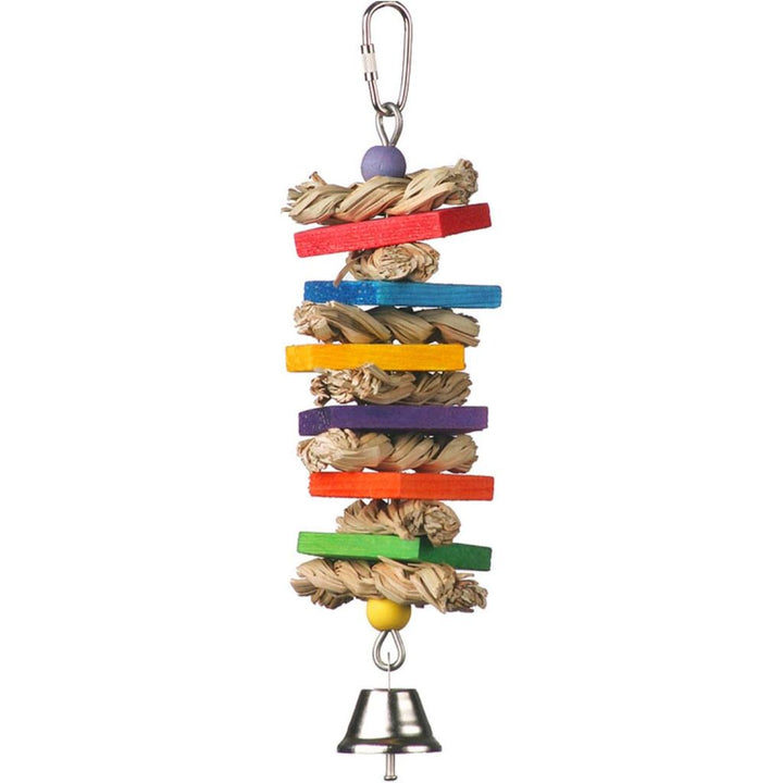 Colorful bird toy with wooden blocks and a bell on a white background