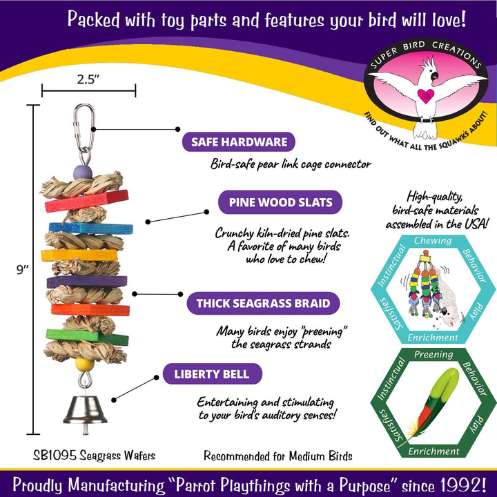 Super Bird Creations Seagrass wafers Bird toy with features and specifications on a colorful background