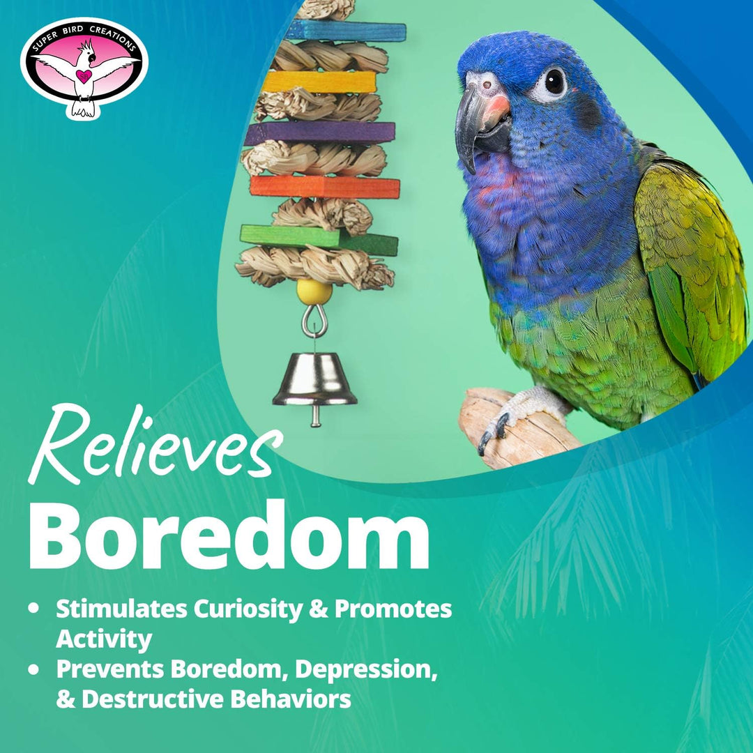 Colorful parrot next to a Super Bird Creations Seagrass wafers bird toy with text about relieving boredom and stimulating activity.